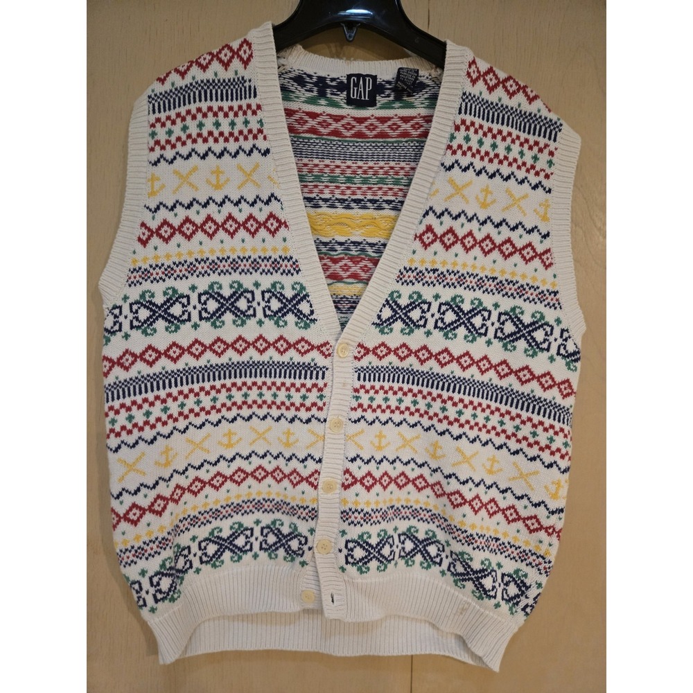 Vintage 90s GAP Fair Isle Sweater Vest Button Front Nautical Made in UK Cotton L